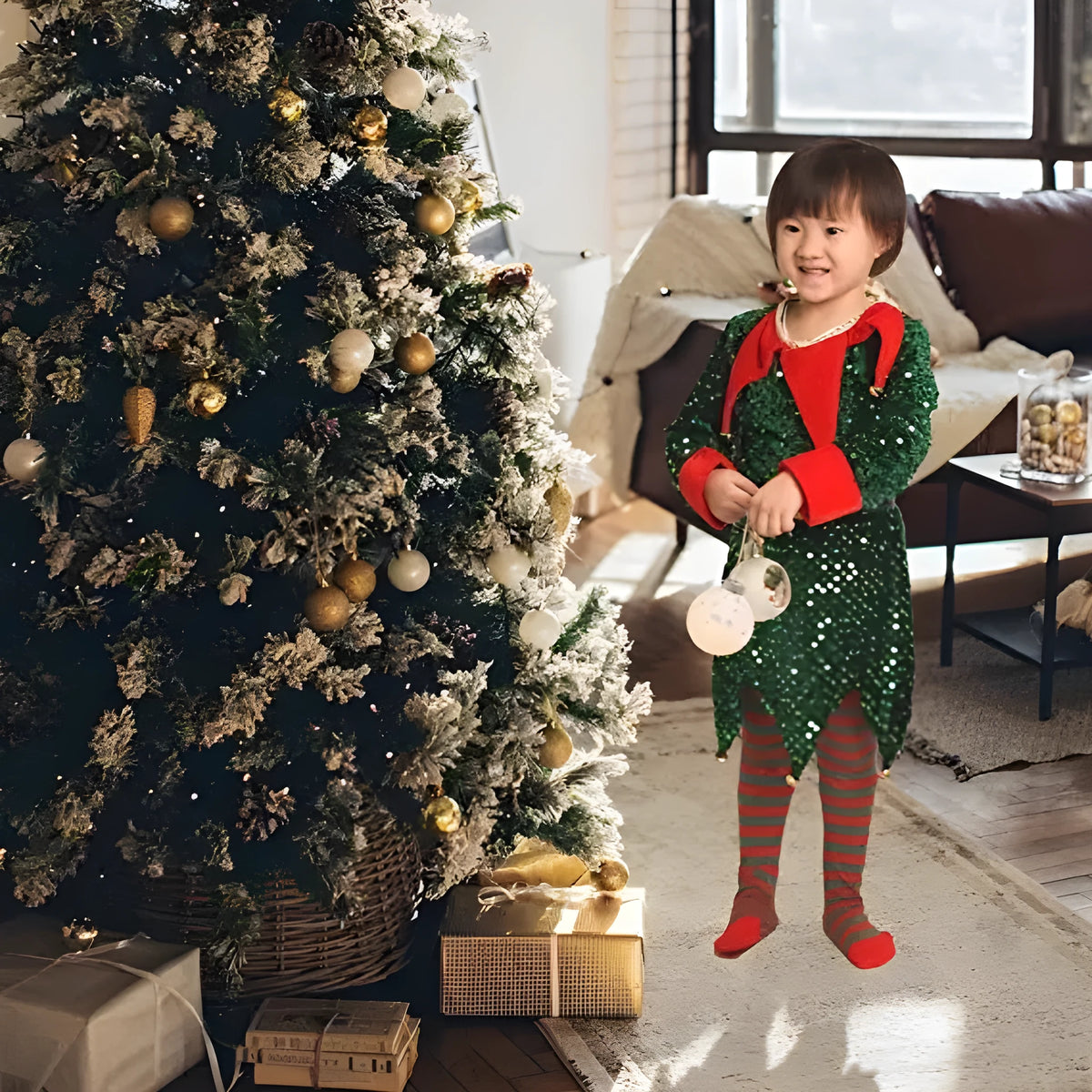 Kids Christmas elf costume in green with sequin details, hat and socks on a child model.