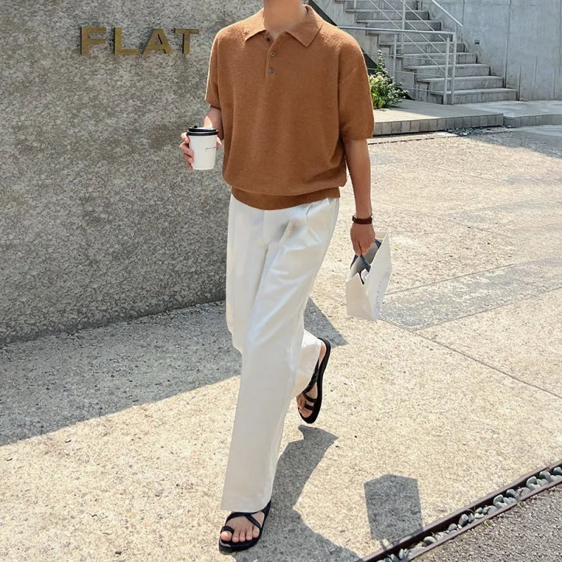 Retro loose-fit knitted polo shirt for men in caramel colour, showing asymmetric design and short sleeves.