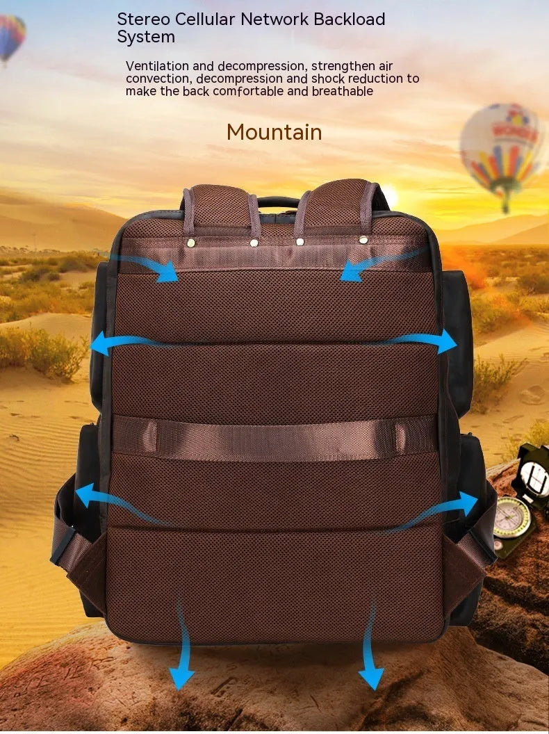 Dark brown genuine leather backpack for a 17-inch laptop, showing multiple pockets and double shoulder straps.