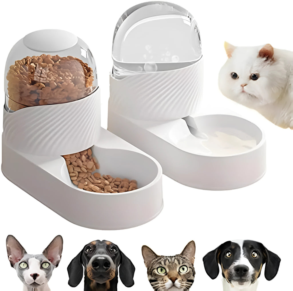 White automatic gravity cat feeder and water dispenser set with wave-shaped design on a table.