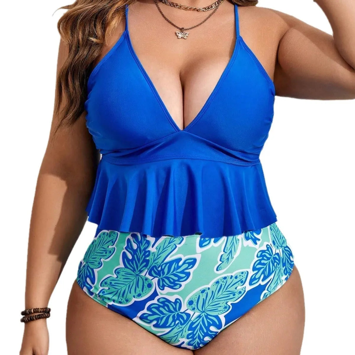 Blue women's polyester bikini swimsuit with briefs style in European and American sizing