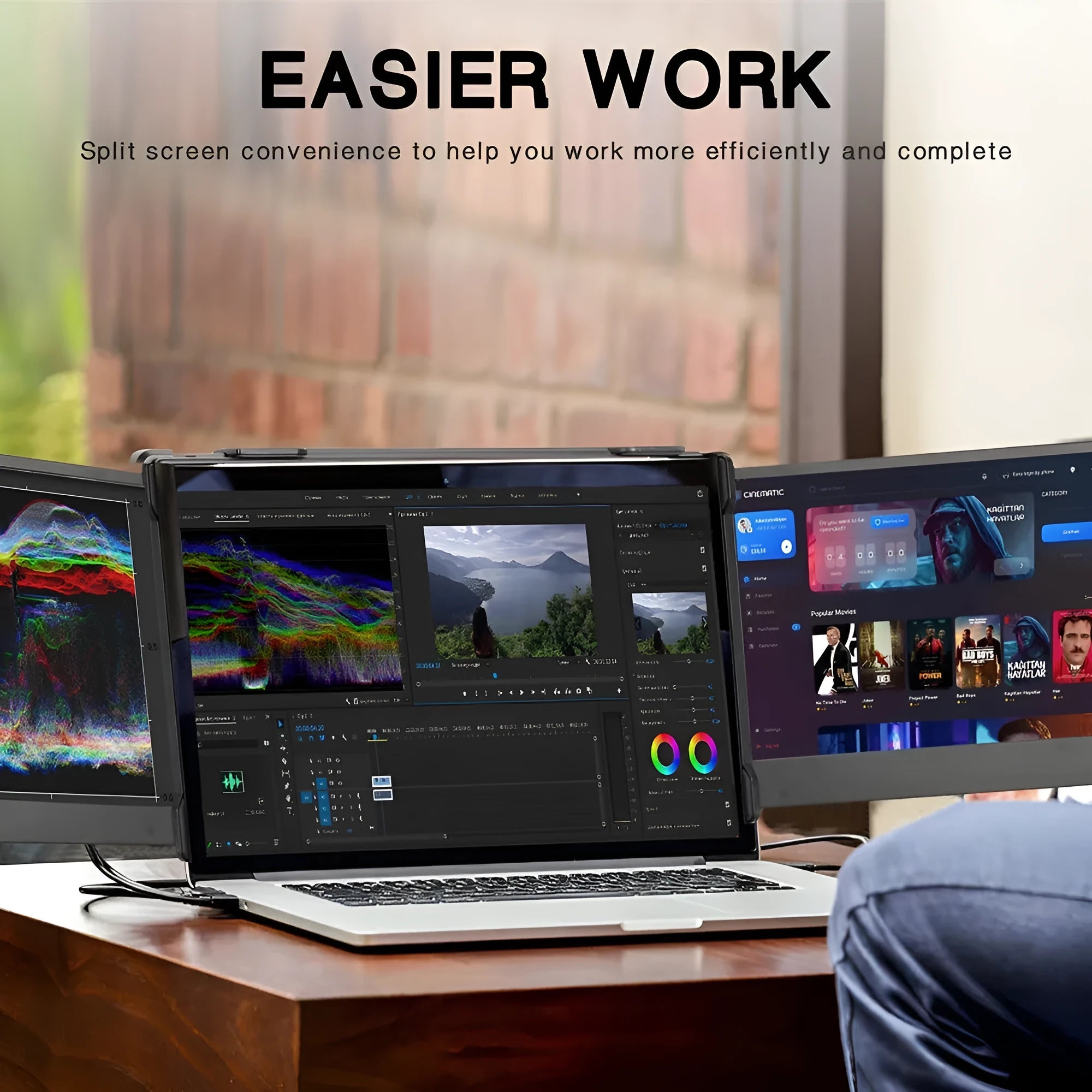 Black portable monitor display screen with HDMI and USB-C cables for laptop and phone dual screen use