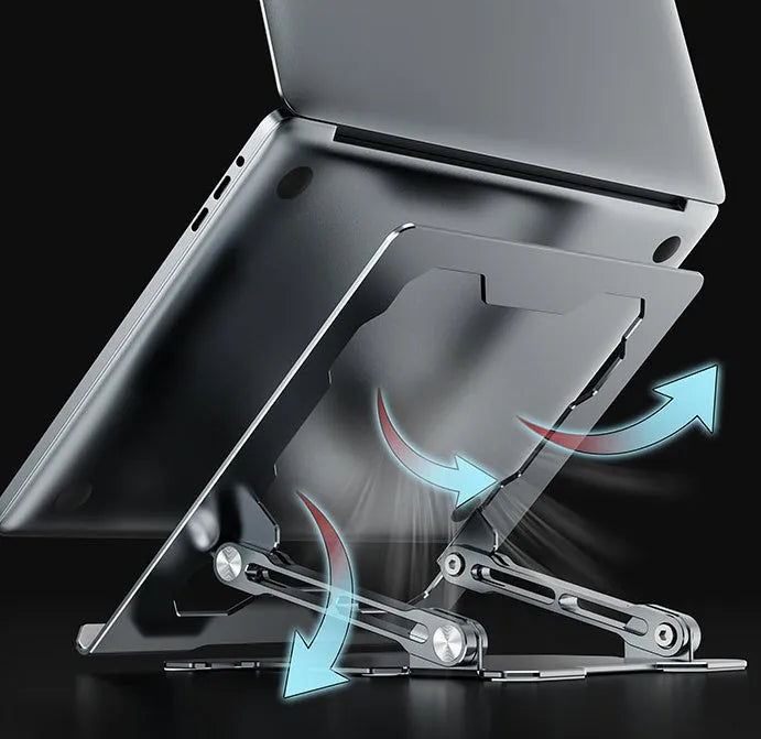 Grey portable aluminum laptop stand with adjustable angle, shown holding a silver laptop.