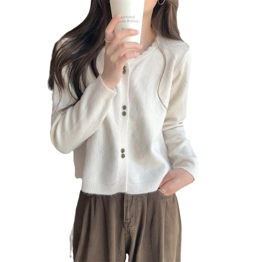Women's long-sleeved acrylic cardigan coat in five colour options including milky white and black