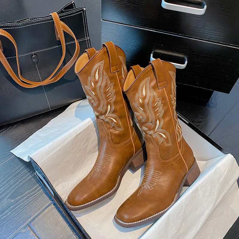 Brown women's mid-calf embroidered Martin boots with leather lining and rubber sole