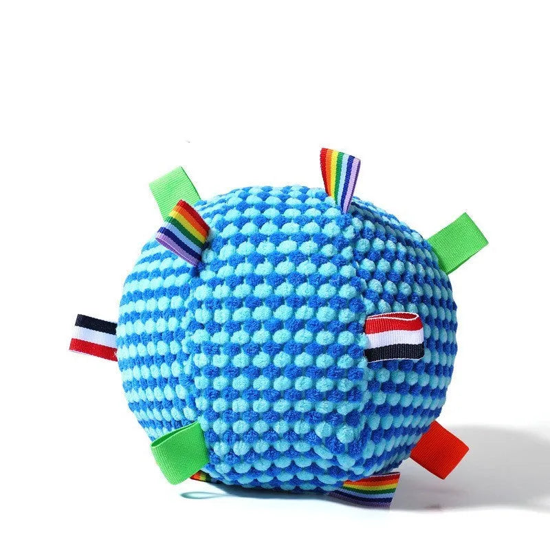 Blue and yellow pineapple lattice pattern dog ball, approximately 17cm in diameter, on a plain background.