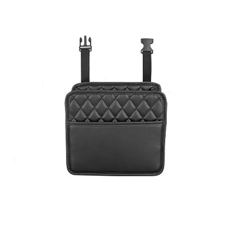 Leather car interior hanging storage bag in black colour showing door pocket mounting