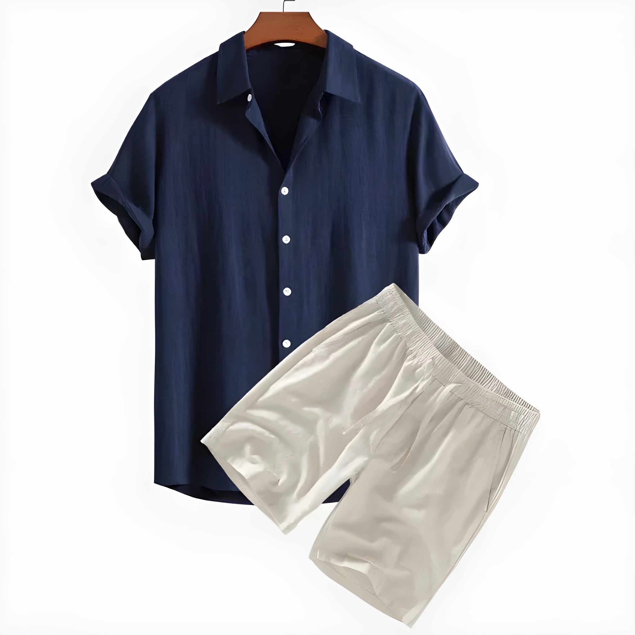 Men's solid colour casual shorts suit set with short-sleeved shirt and matching shorts on a hanger