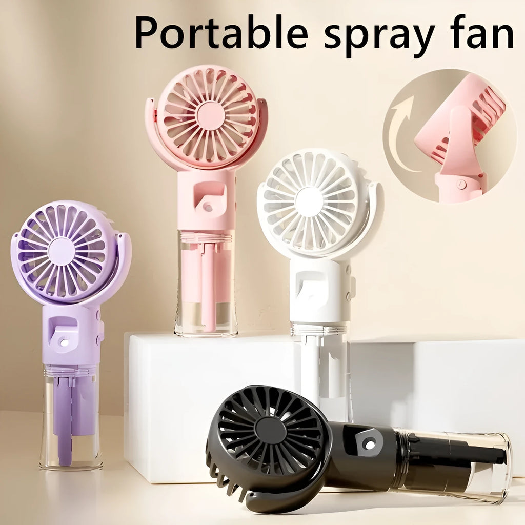 Handheld portable mist fan showing transparent water tank and multiple colour options