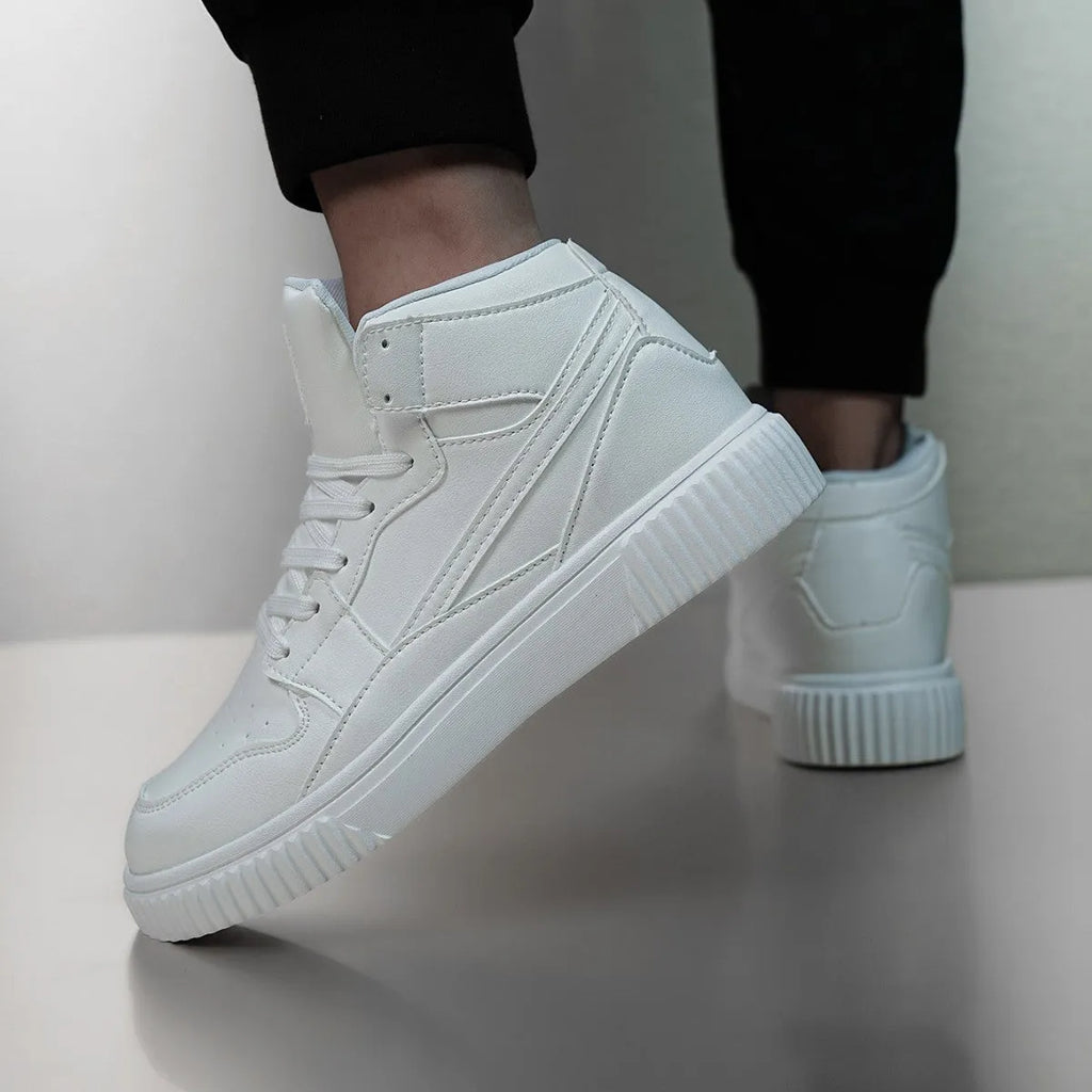 Solid white men's casual round-toe shoes made from microfiber, shown on a plain background.