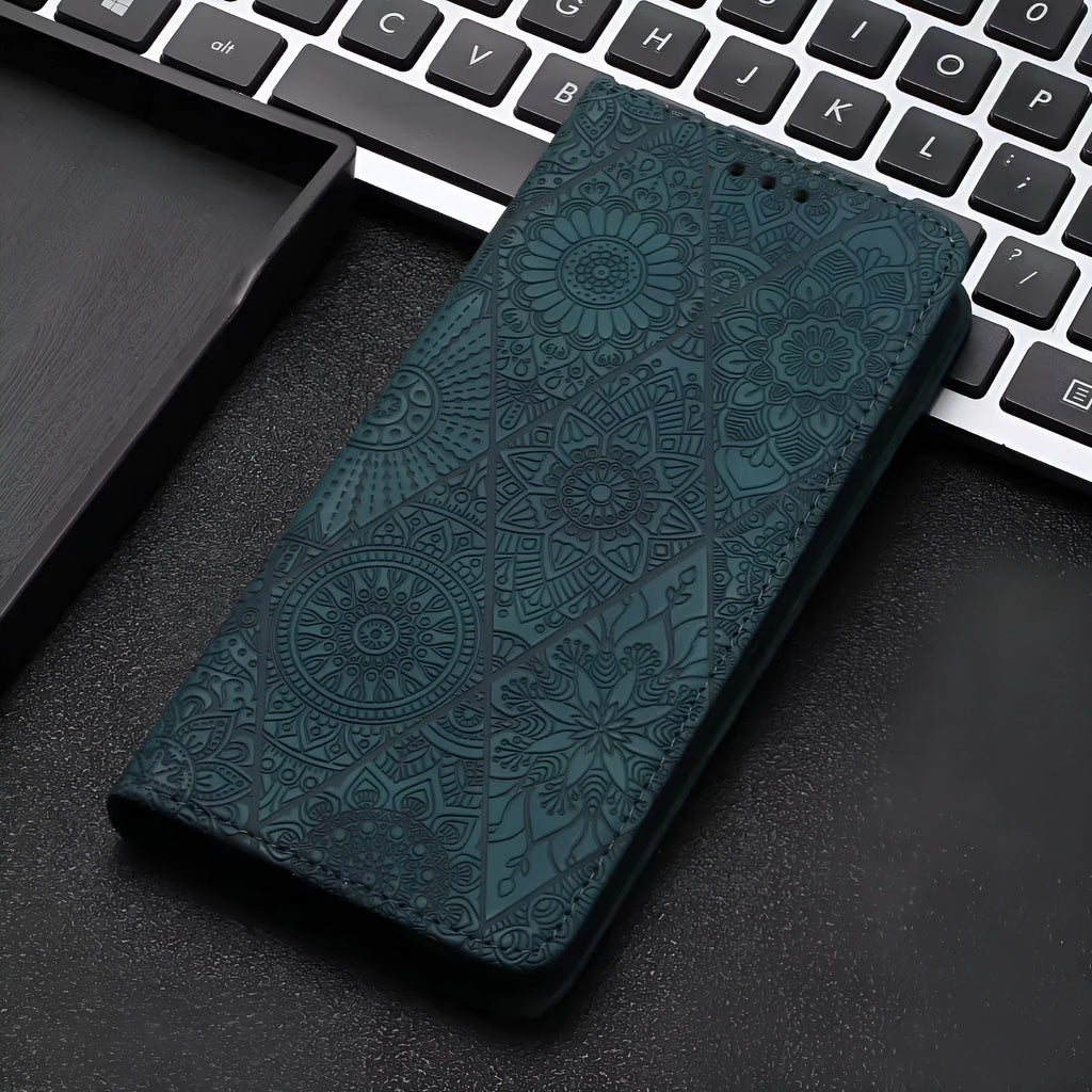 Solid colour retro embossing imitation leather phone case with built-in bracket, available for iPhone models