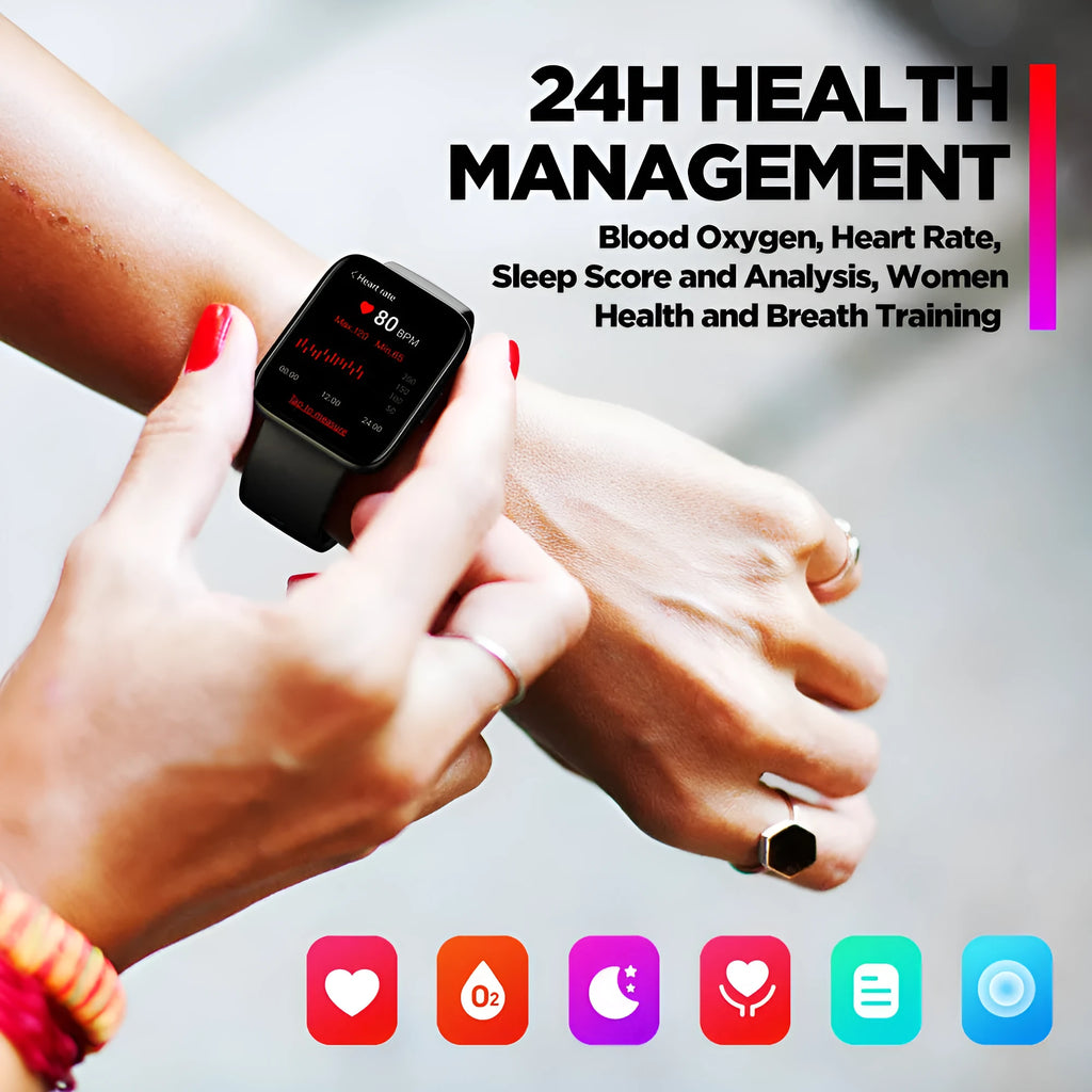 Black GPS sports smart watch with 1.78 inch display and rubber strap showing health metrics interface