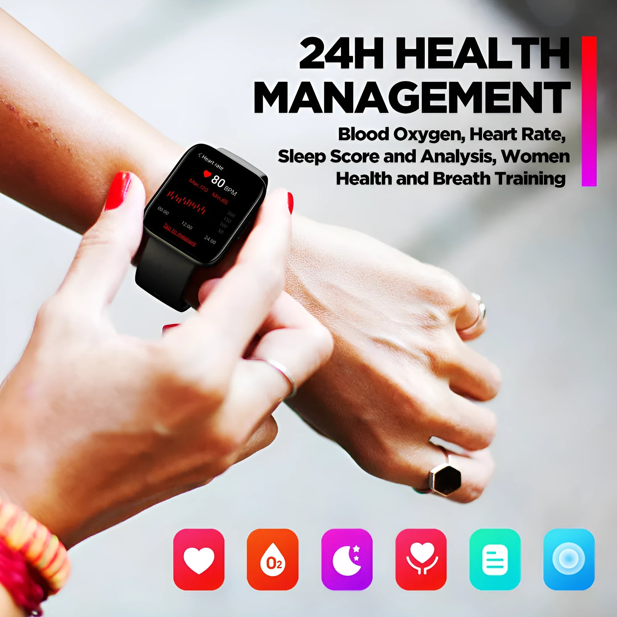 Black GPS sports smart watch with 1.78 inch display and rubber strap showing health metrics interface