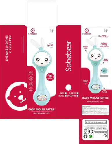 Colourful baby teething toy shaped like a music stick, made from ABS plastic.