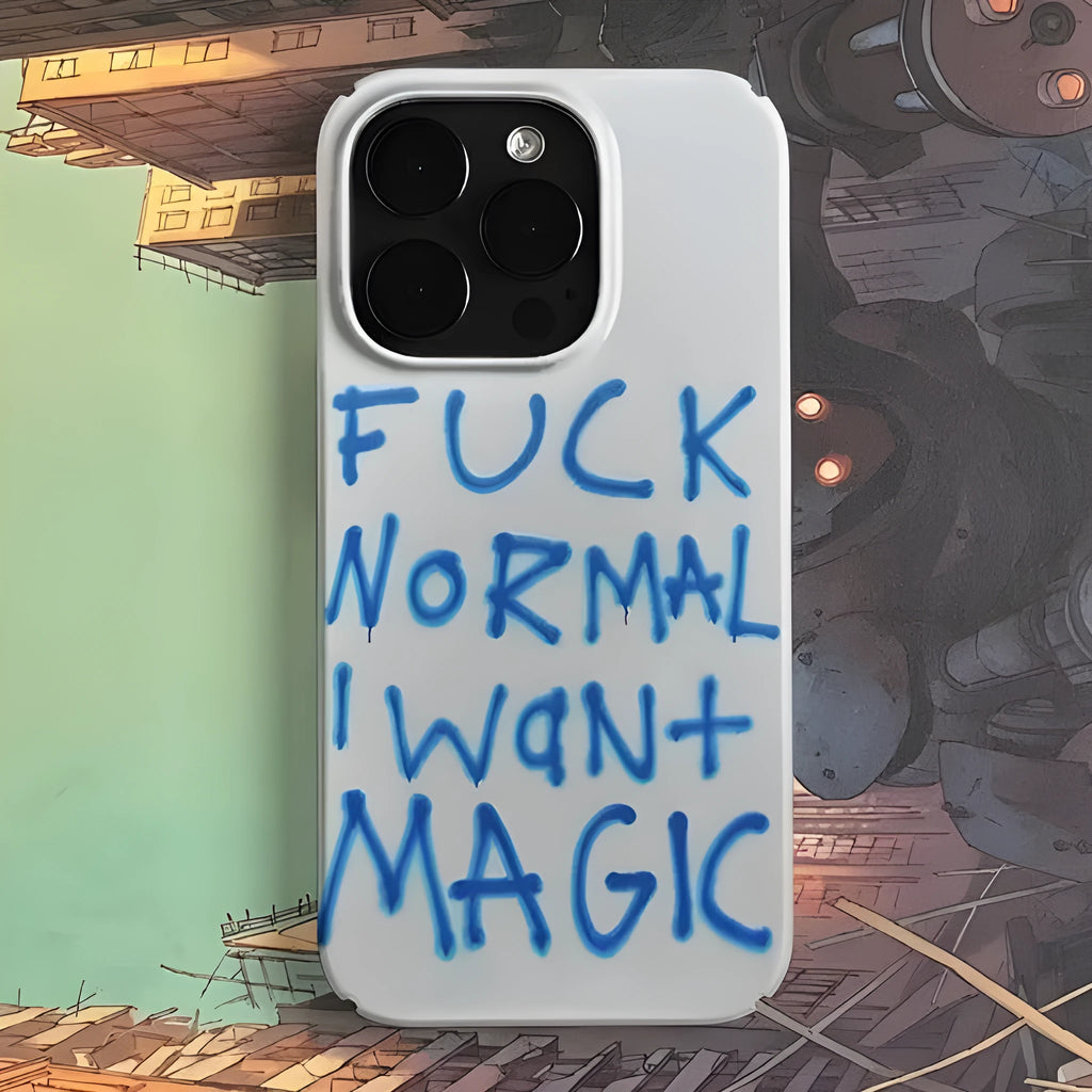 Retro art design glossy hard shell iPhone case with large camera cut-out, shown on an iPhone.