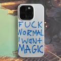 Retro art design glossy hard shell iPhone case with large camera cut-out, shown on an iPhone.