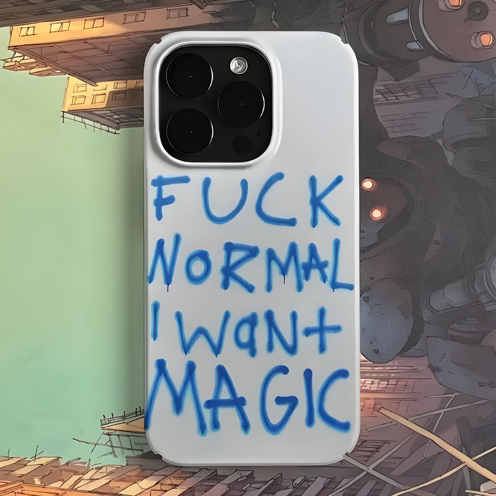Retro art design glossy hard shell iPhone case with large camera cut-out, shown on an iPhone.