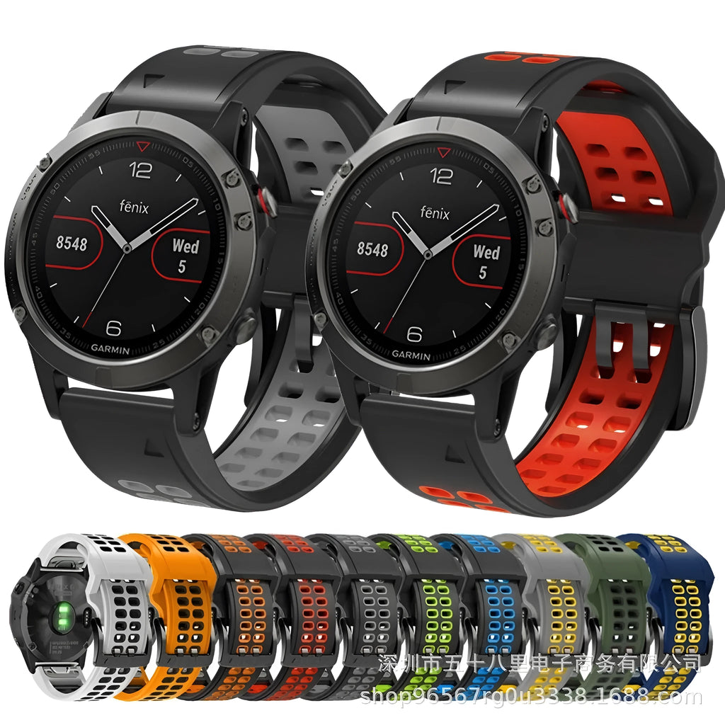 Quick release two-colour silicone watch strap showing black and orange colour combination with pin buckle closure
