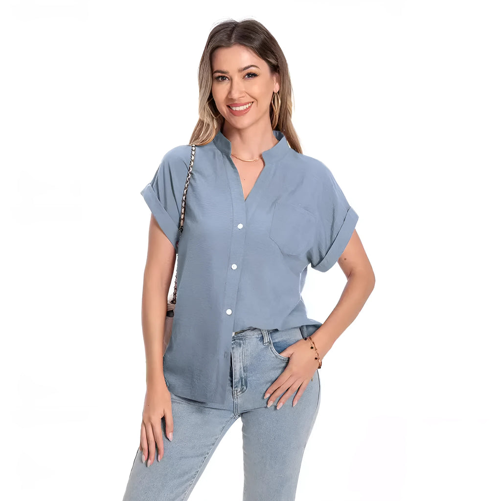 Women's stand collar button front summer top in loose fit with short sleeves