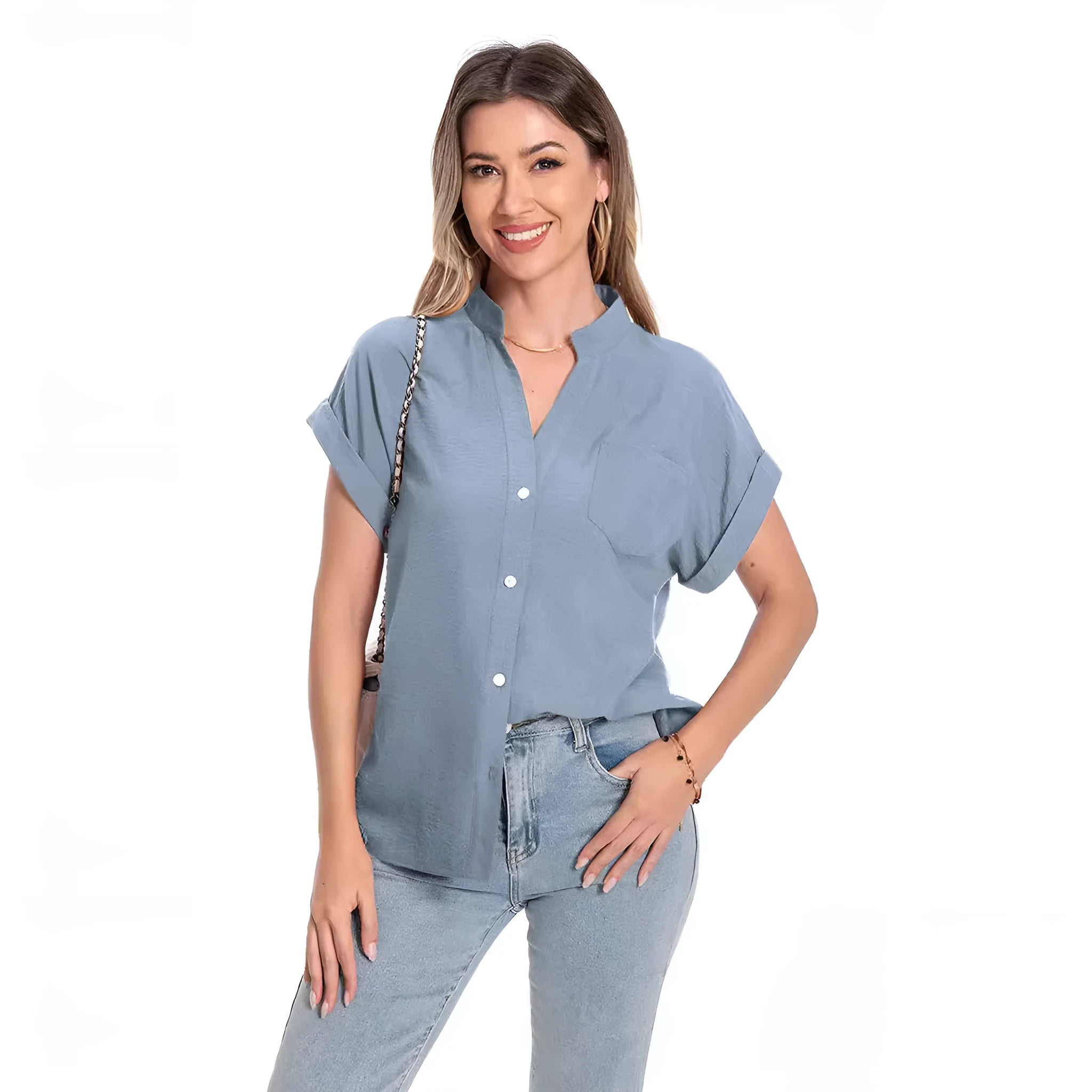 Women's stand collar button front summer top in loose fit with short sleeves