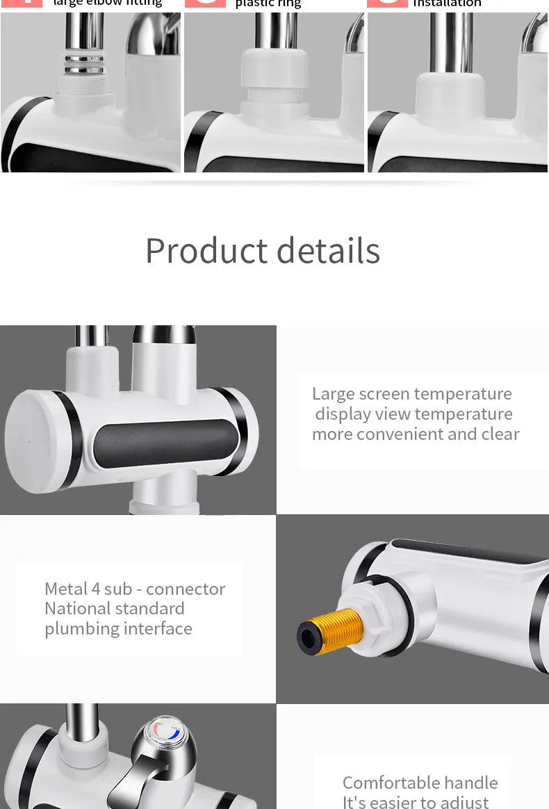 White 3000W kitchen electric water tap heater with digital temperature display and 10L capacity, fitted to a sink