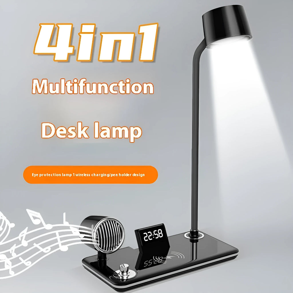 Black wireless charging desk lamp with digital clock display and adjustable LED lighting