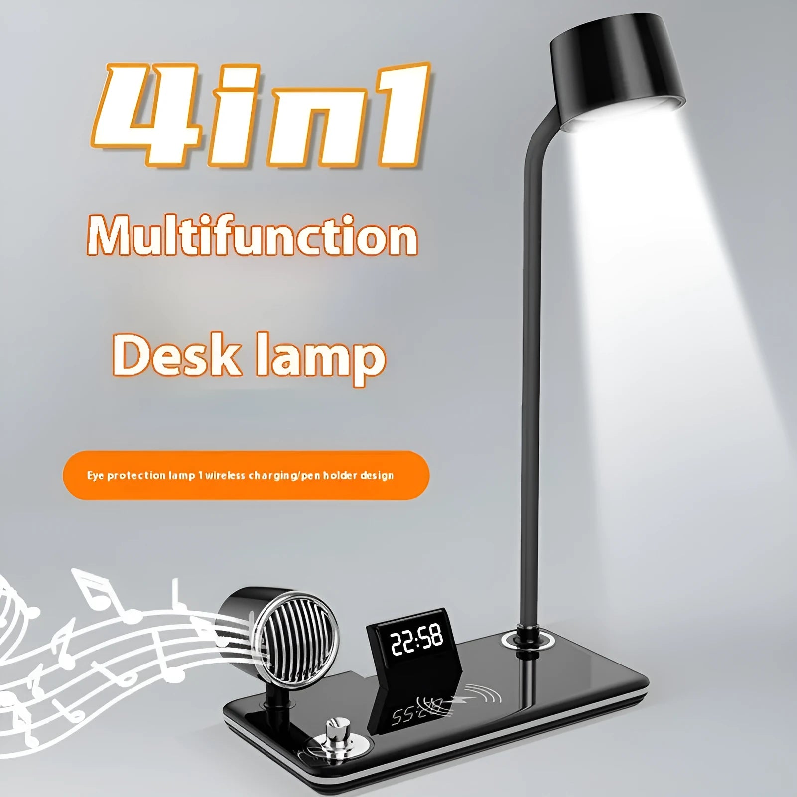 Black wireless charging desk lamp with digital clock display and adjustable LED lighting