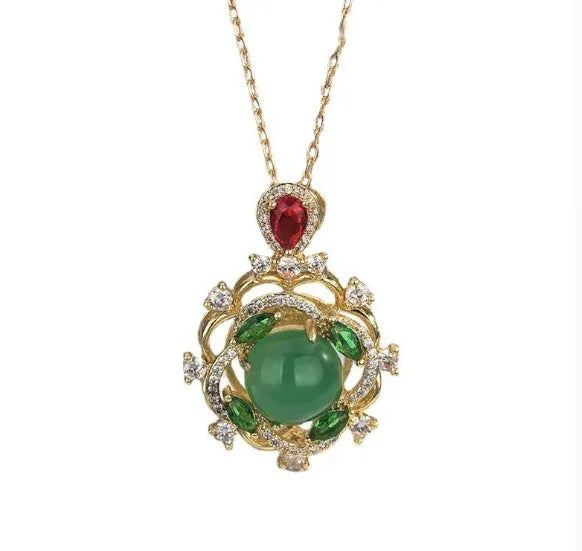 S925 sterling silver inlaid chrysoprase agate necklace with geometric pendant