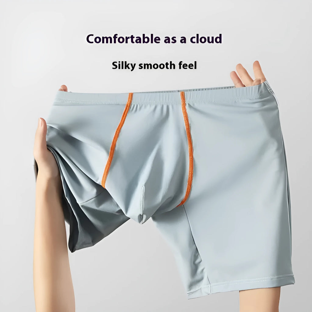 Men's nylon boxer shorts with a U-convex pouch design in multiple colours on a white background.
