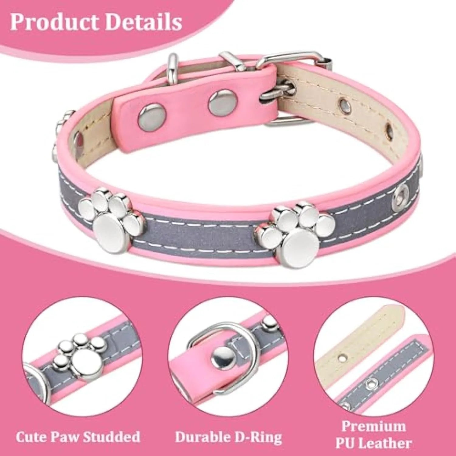 Reflective PU leather dog collar with metal buckle and cute paw rivet, shown in adjustable sizes for dogs.