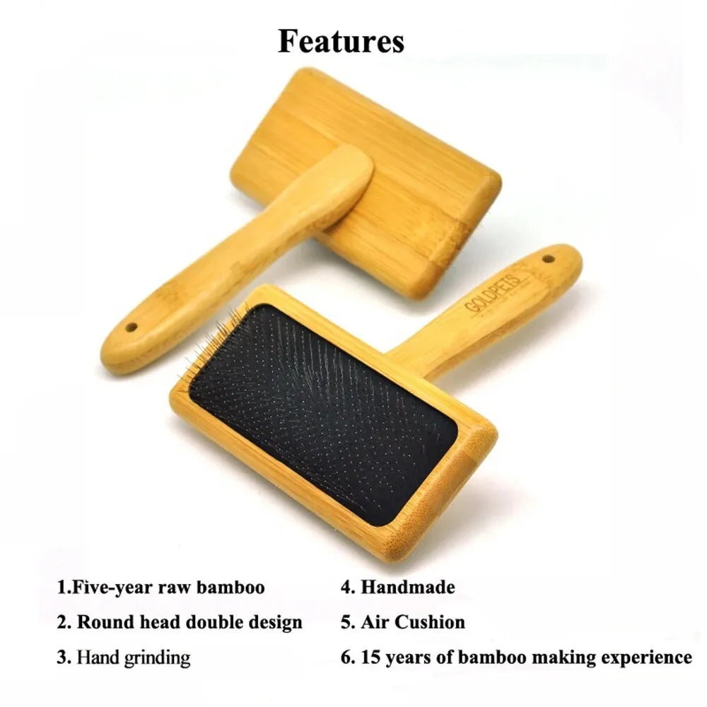 Goldpets bamboo pet grooming slicker brush with stainless steel pins on wooden handle