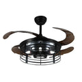 American retro style ceiling fan with clear acrylic blades and an integrated acrylic lampshade, remote control on a table.