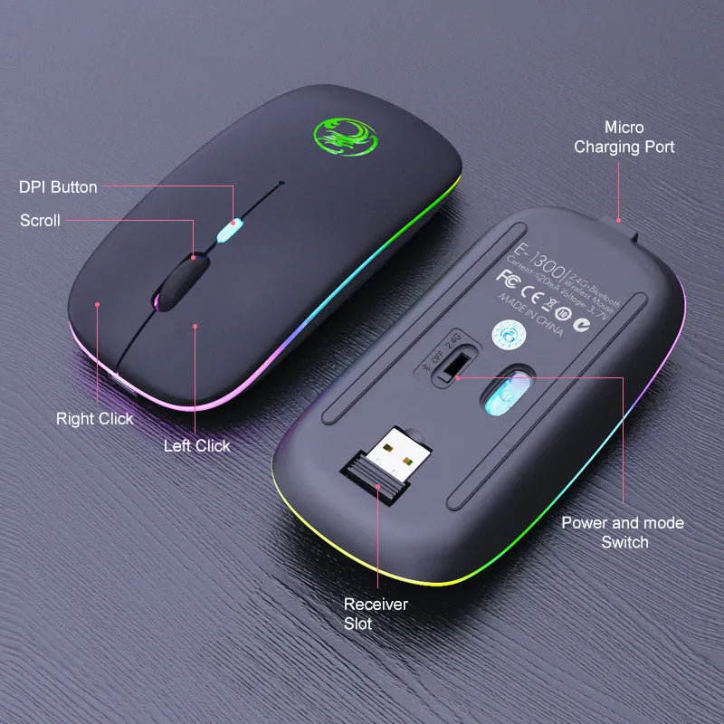 Black and white dual-mode silent wireless mouse with blue scroll wheel light, shown next to its USB charging cable.