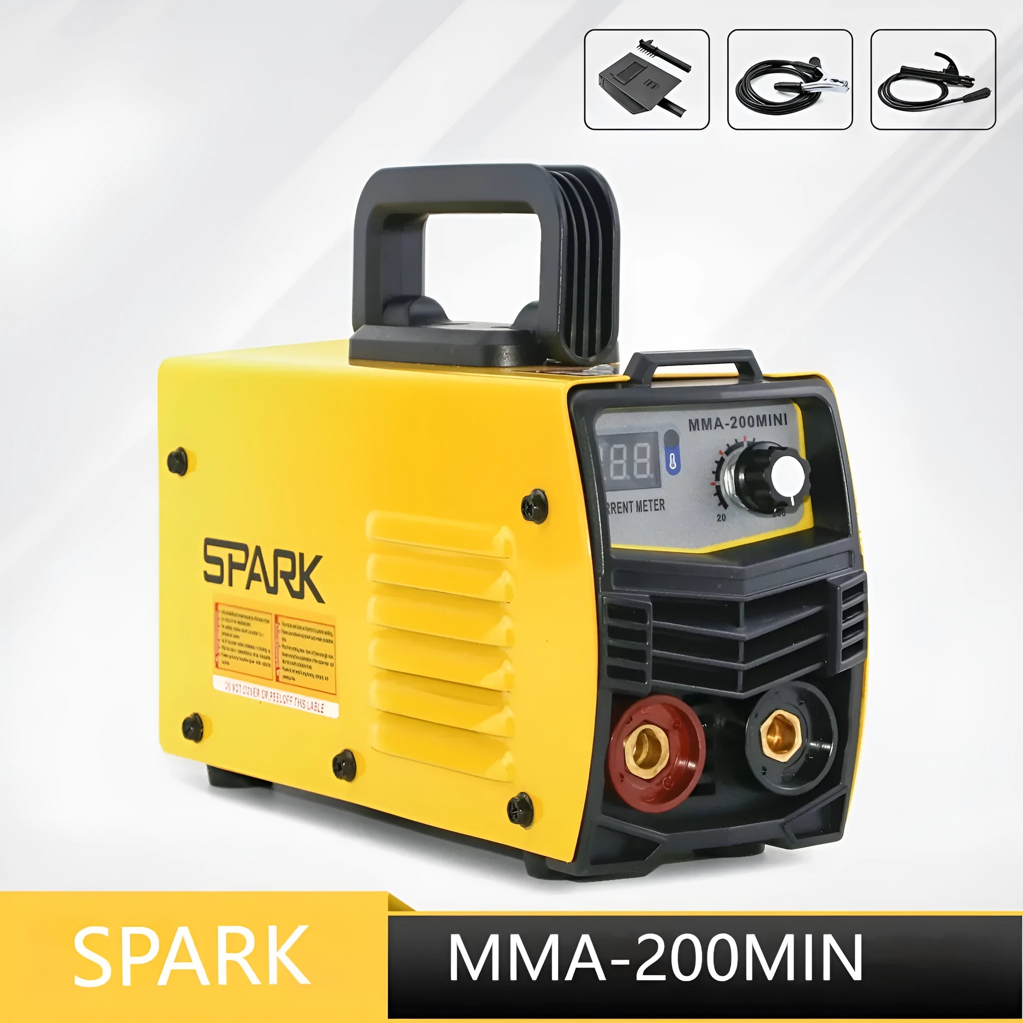 MMA-200MIN compact inverter DC welding machine with welding tongs, grounding clamp, and face shield on a workbench.