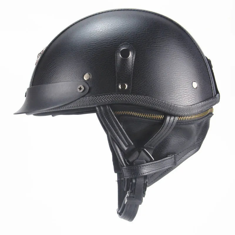 Personalised black retro half pedal motorcycle helmet made of ABS artificial leather
