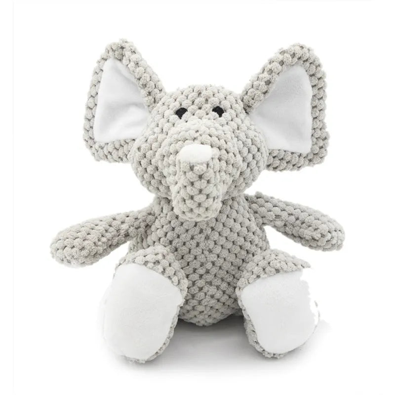 Plush squeaky dog toy in animal shape for chewing and teeth cleaning