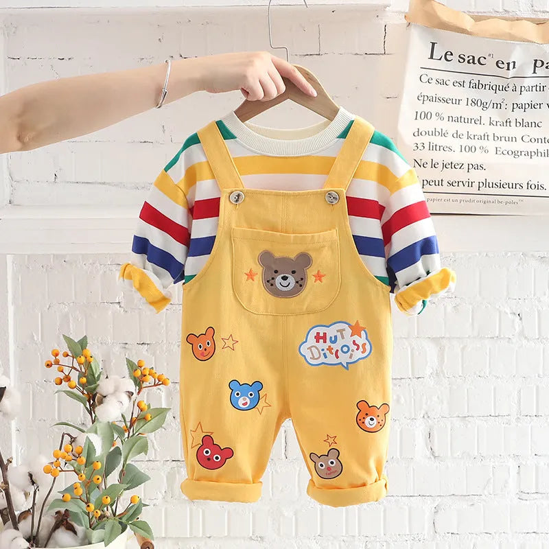 Boys' cotton plaid overalls suit with shirt and strap pants in beige or yellow colour