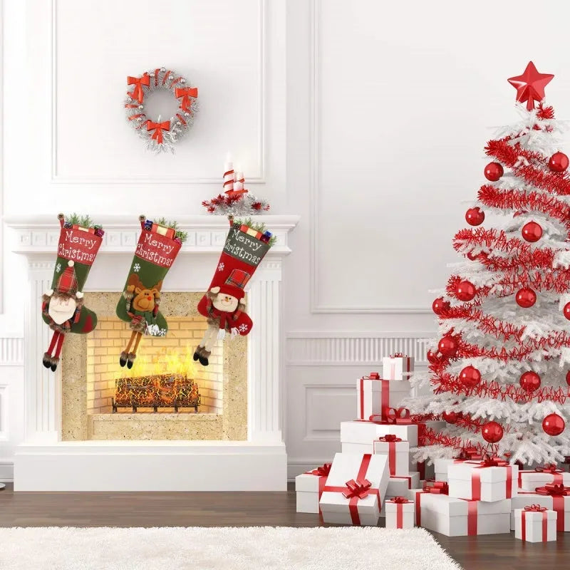 Set of three large red, white, and brown Christmas stockings featuring Santa, Snowman, and Reindeer 3D designs.