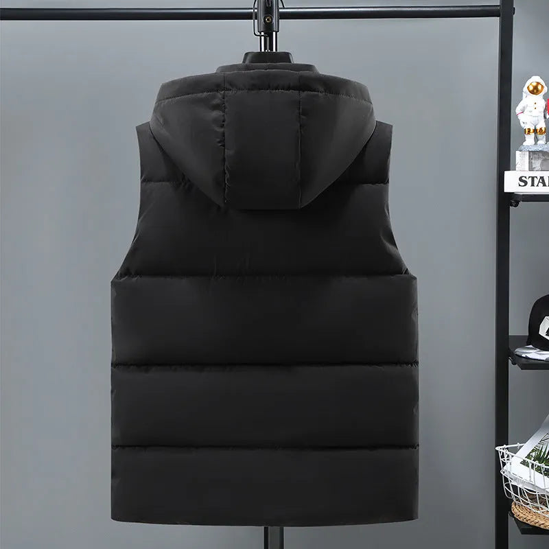 Men's solid colour thickened polyester vest with a removable hood, shown in blue.