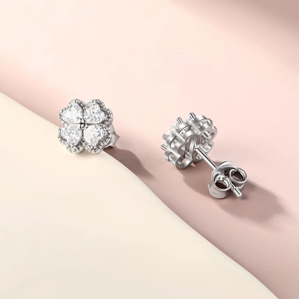 Women's zircon earrings with heart-shaped four-leaf clover design in 925 sterling silver with white gold colour finish