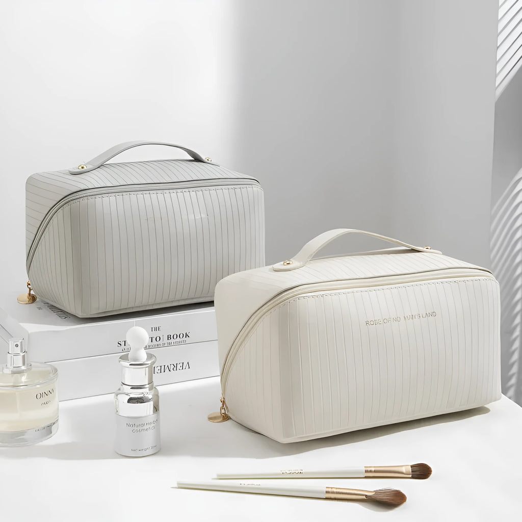 Large beige cubic PU leather makeup bag with vertical pattern, shown open.