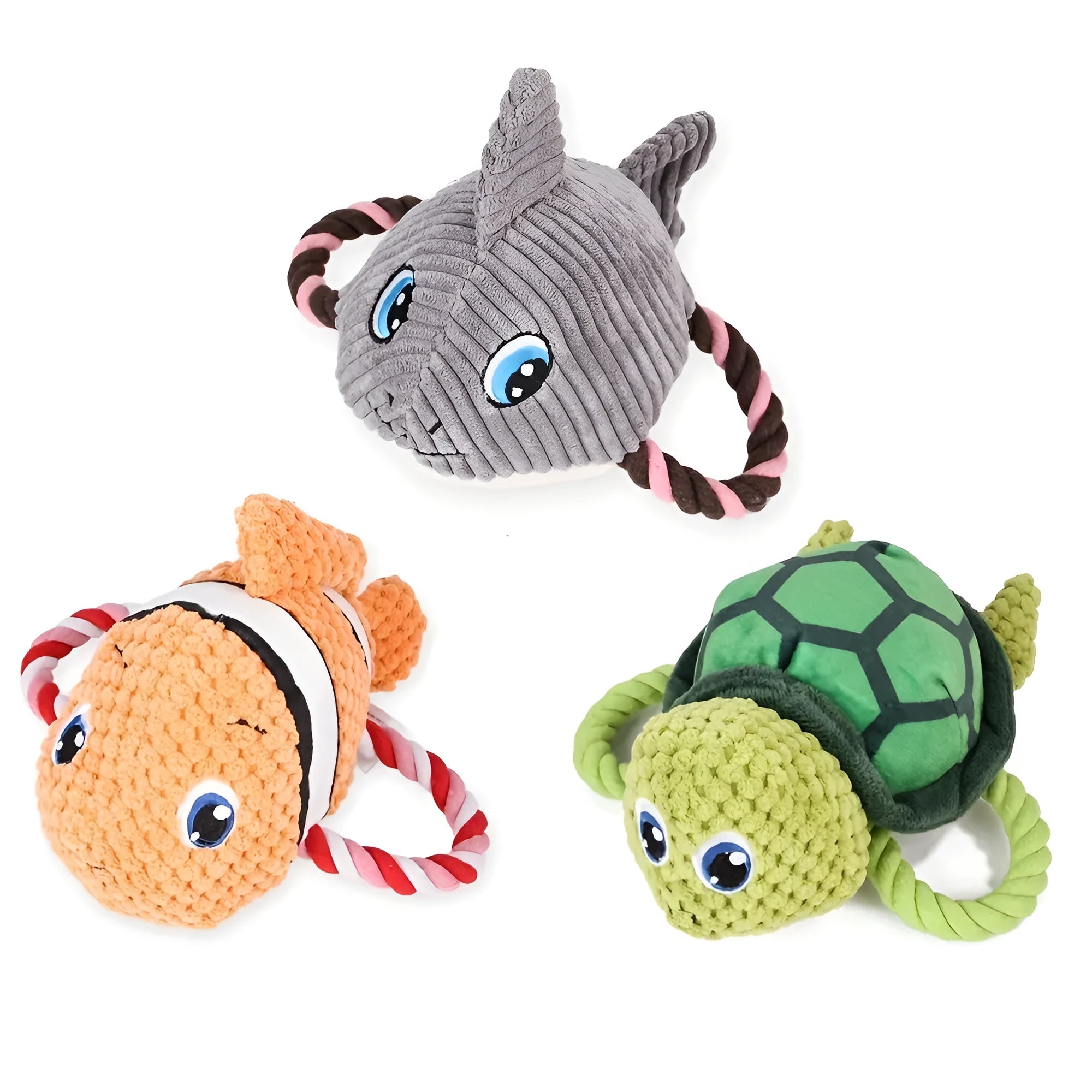 Turtle shaped dog chewing toy with knotted rope sections and plush fabric in grey colour