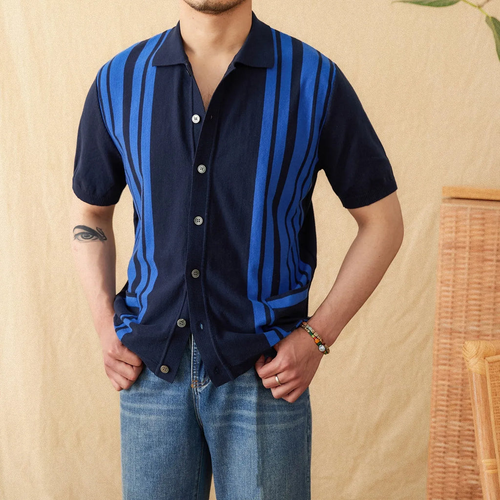 Short-sleeved striped polo shirt with a lapel collar in a light blue colour.