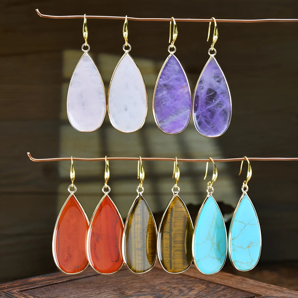 Vintage long drop earrings with tigereye stone in water drop silhouette
