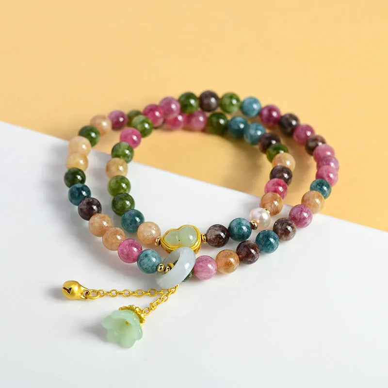 Natural chalcedony double ring bracelet with geometric beads