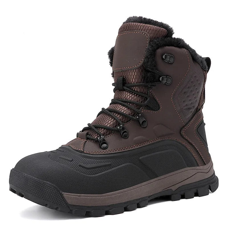 Men's black high-top lace-up boots with fleece lining and flat TPR sole