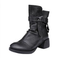 Women's brown retro ankle boots with a chunky block heel and round toe made from genuine leather.