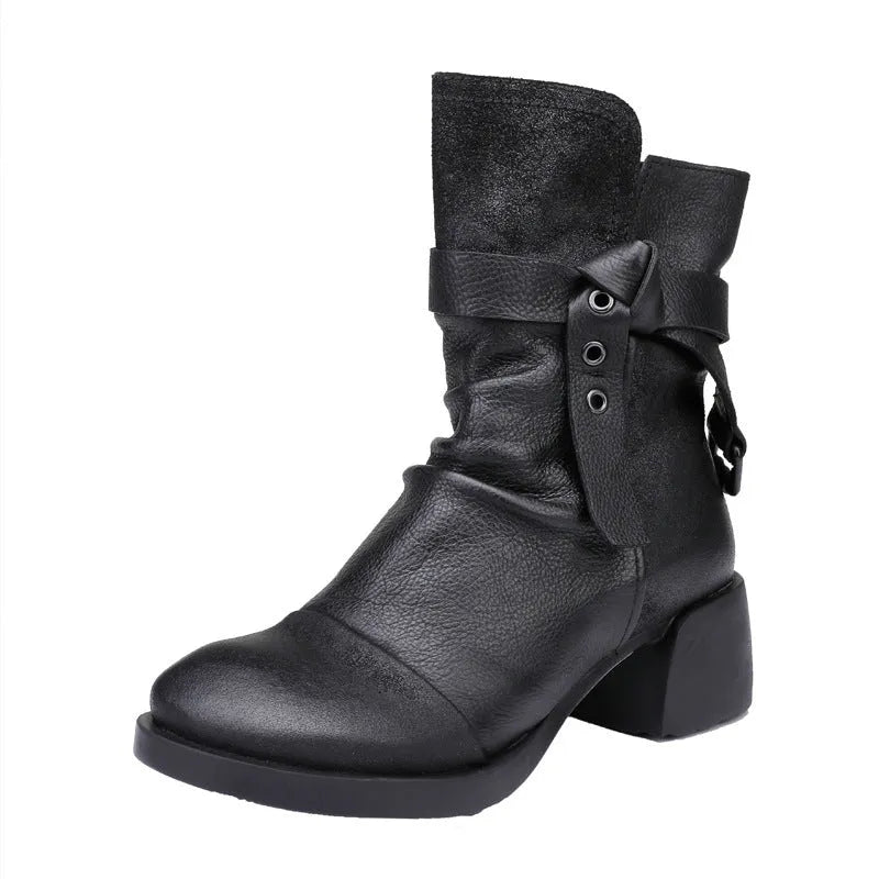 Women's brown retro ankle boots with a chunky block heel and round toe made from genuine leather.