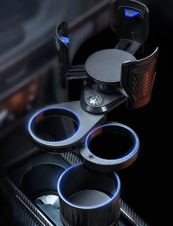 Black carbon fibre finish car cup holder with retractable adjustable base for drink bottles.