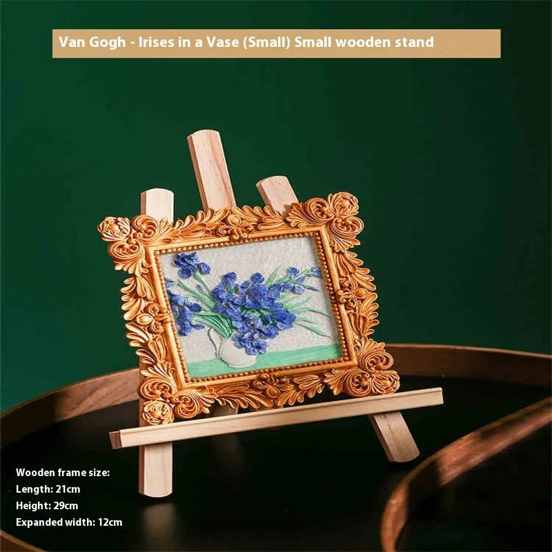 DIY hand drawn oil painting kit showing epoxy pottery base, propylene paints, brushes, and a completed framed Van Gogh 'Starry Night' example.